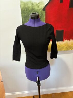 Ribbed Black Boatneck Top Scoop Back With White Ribbon Tie Back and Short Sleeve